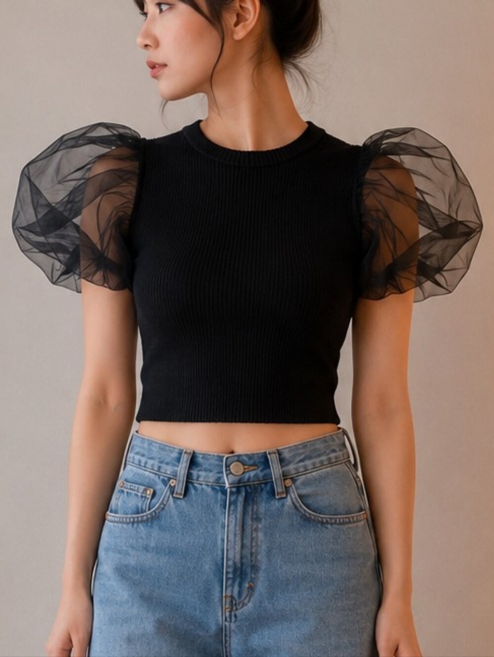 ASTR The Label Black Ribbed Knit Organza Puff Sleeve Open Back Crop Top ✨ Size X